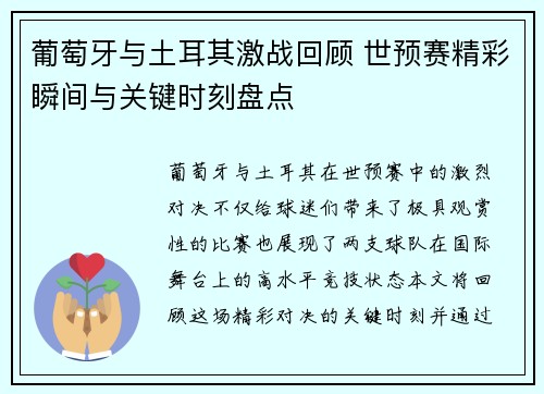 葡萄牙与土耳其激战回顾 世预赛精彩瞬间与关键时刻盘点